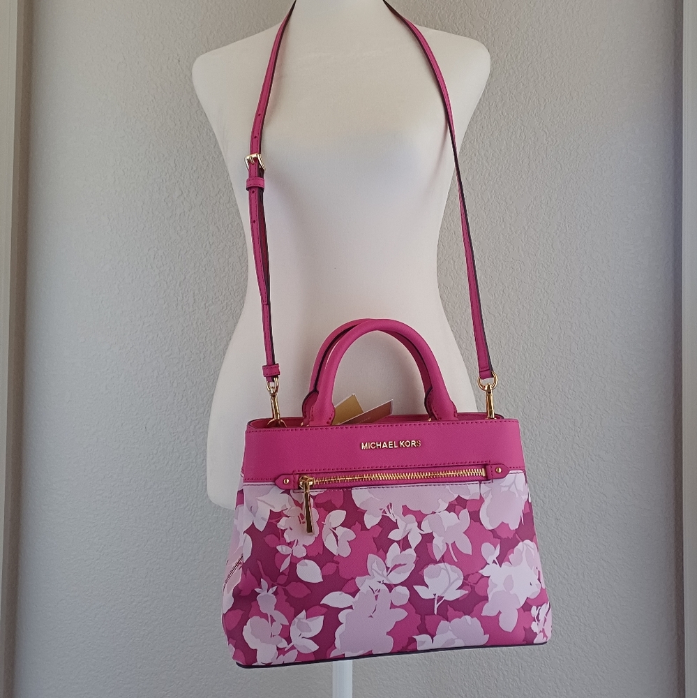 Michael Kors Hailee Granita Pink Floral Satchel Crossbody Purse